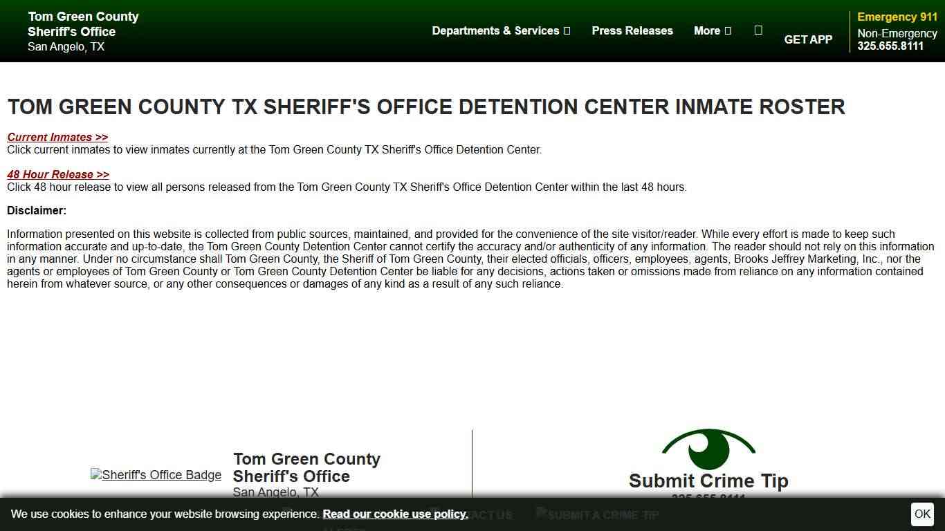 Inmate Roster Disclaimer | Tom Green County Sheriff's Office